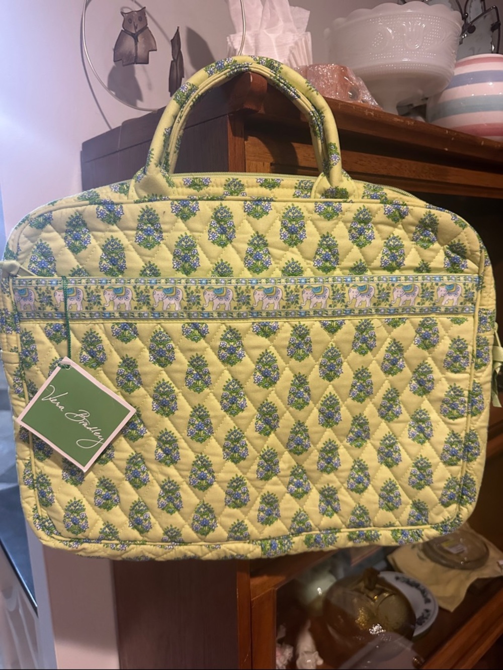 Vera Bradley “Citrus” Quilted Laptop Bag with Blue-Green Florals & Elephants